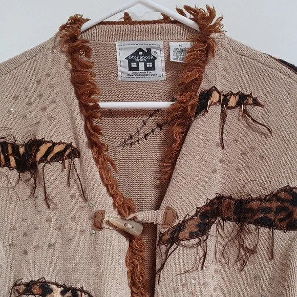 Safari Knit Faux Fur Animal Print Spots Stripes Sequins & Fringe Long Sweater - Picture 2 of 10